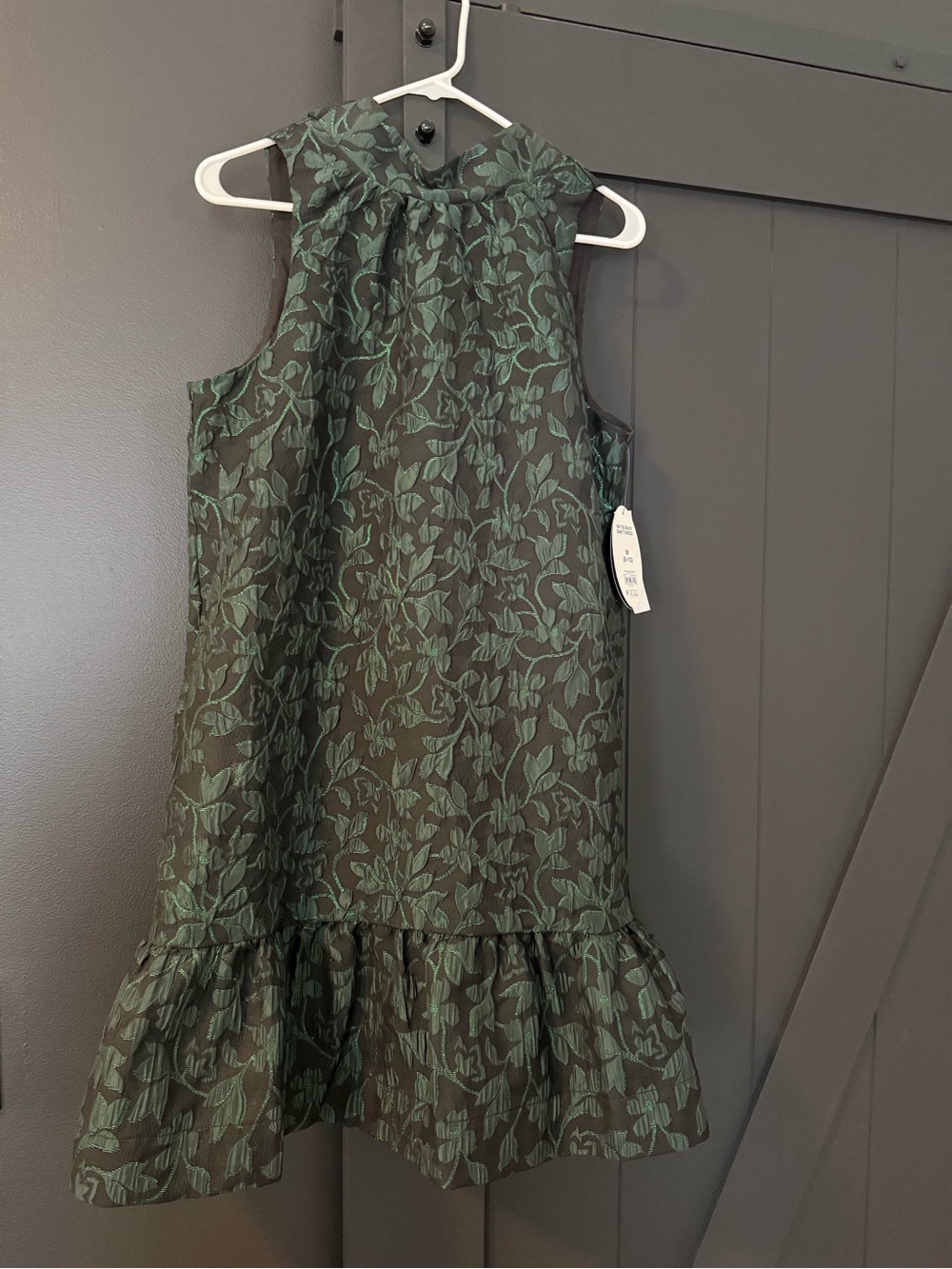 Floral Jacquard Ruffle-Hem Dress in Black and Dark Green